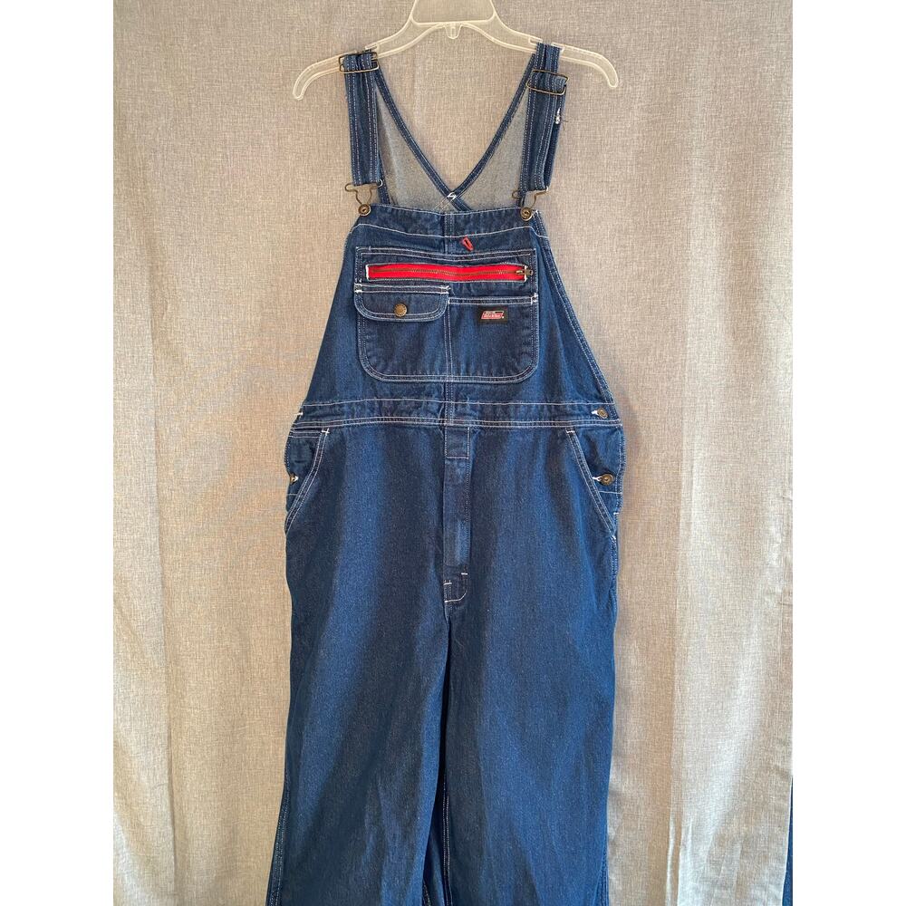 Vintage Dickies Denim Overalls Bibs Medium M Dark Wash Red Zipper Workwear